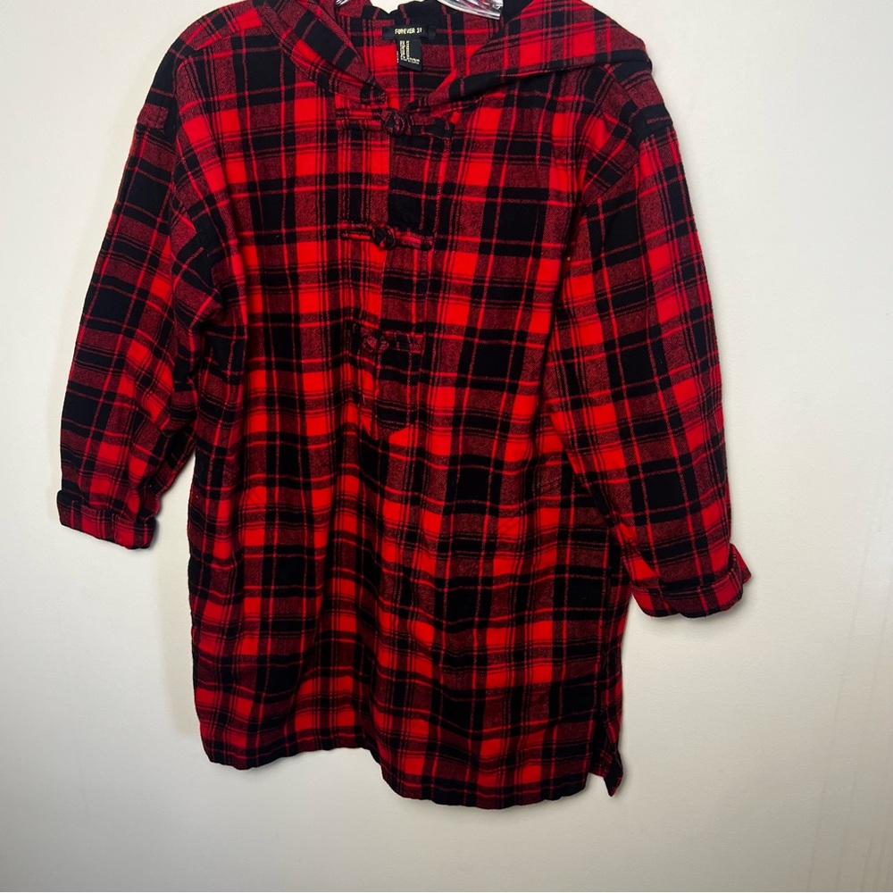 Forever‎ 21 Black Red Flannel Plaid Hooded Top Pockets Sz M Red Riding Hood Goth